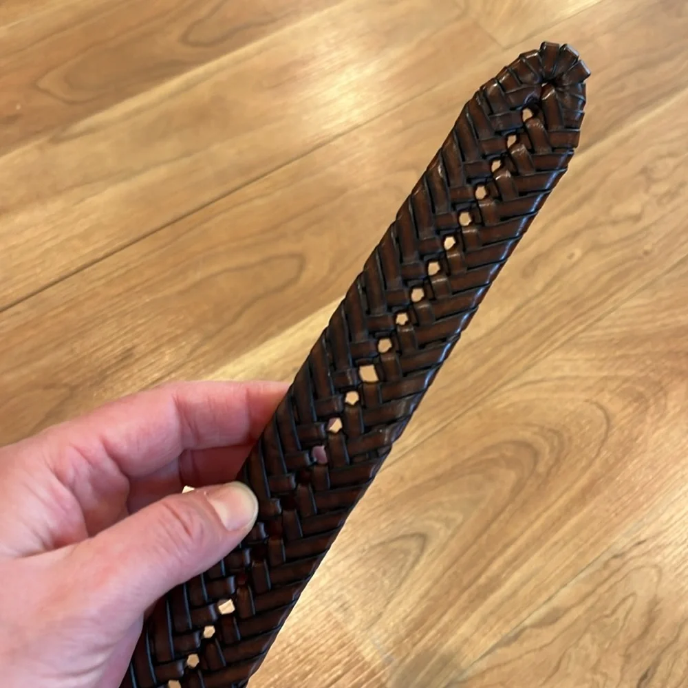 Brown woven leather belt with silver buckle size 38